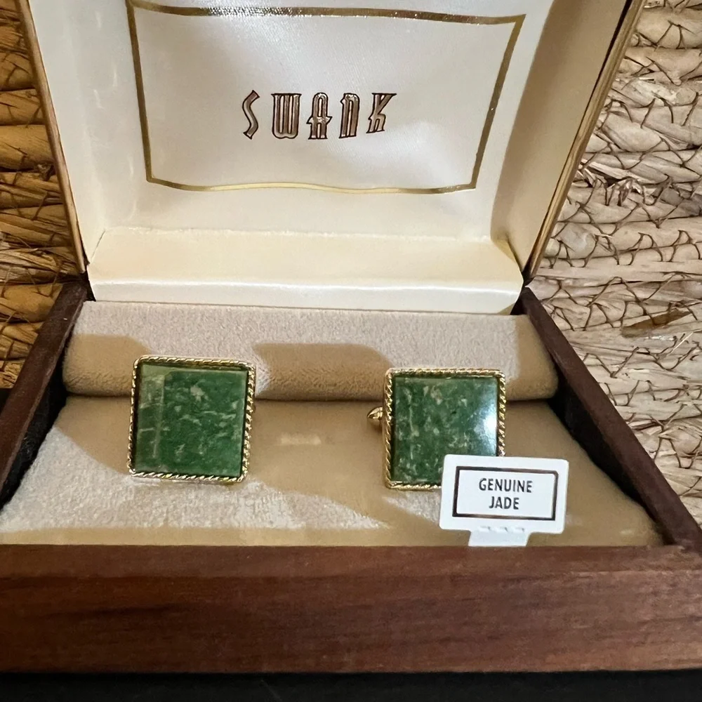 Vintage square Jade Cufflinks, 1950's Swank with box